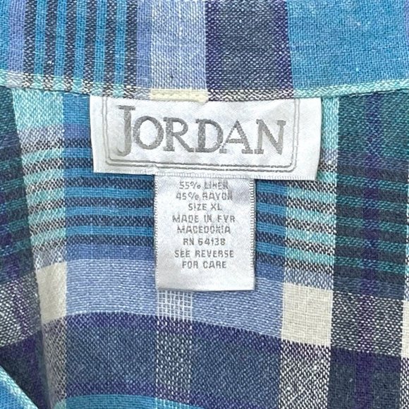 Jordan Womens XL Linen Blend Blue Plaid 3/4 Sleeve Button Up V-Neck Blouse Shirt - Picture 8 of 9